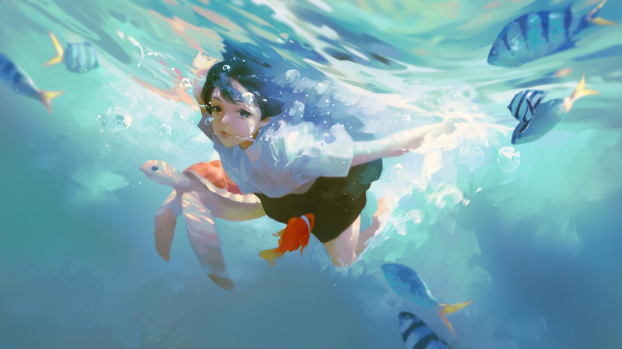 蓝色海水-水下女孩-海龟-鱼-唯美意境4k动漫壁纸_彼岸图网.jpg